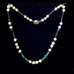 21” genuine 8mm & 6mm pearl necklace with aquamarine Swarovski and malechite